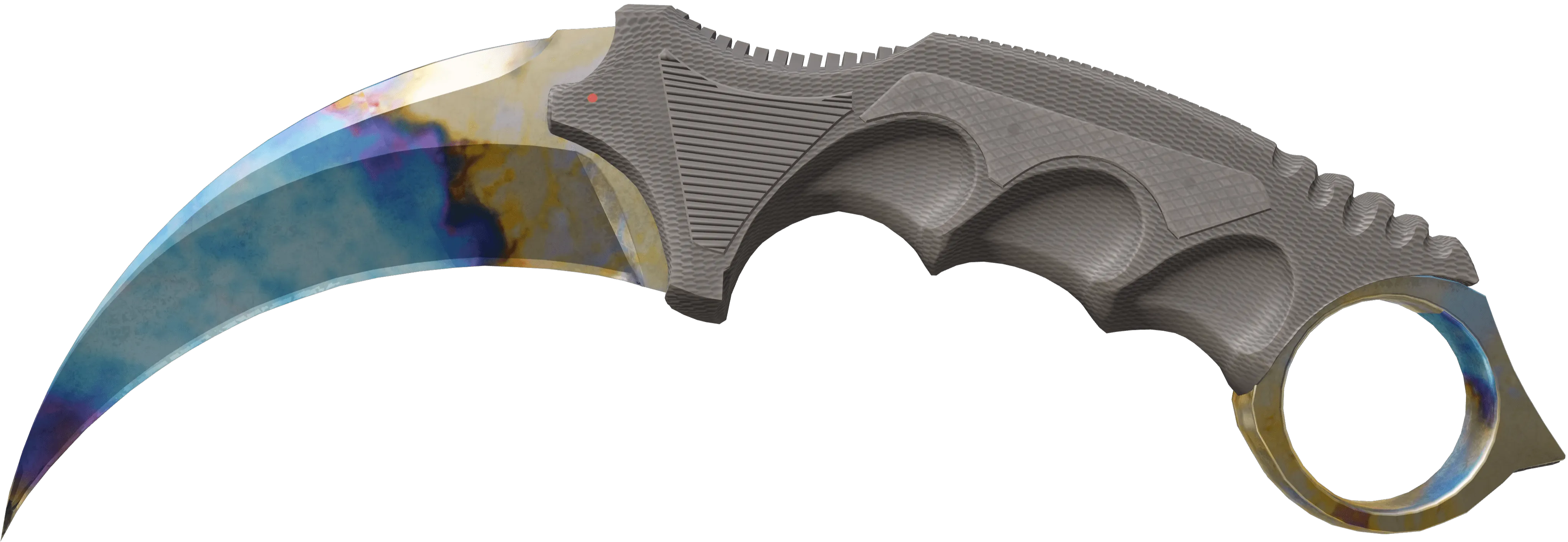 One of the rarest items. The 'Karambit' knife with the 'Case Hardened' skin, with a pattern variation that shows almost only blue on the blade. Worth around 1.5M USD.